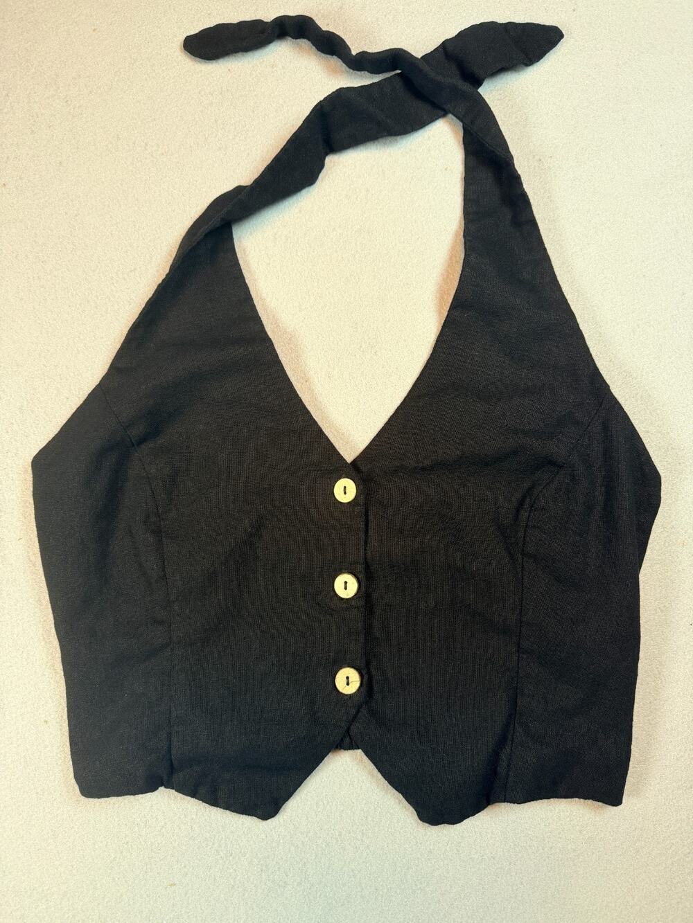Love Tree Black Linen Halter Crop Top Button Front Smocked Back Medium